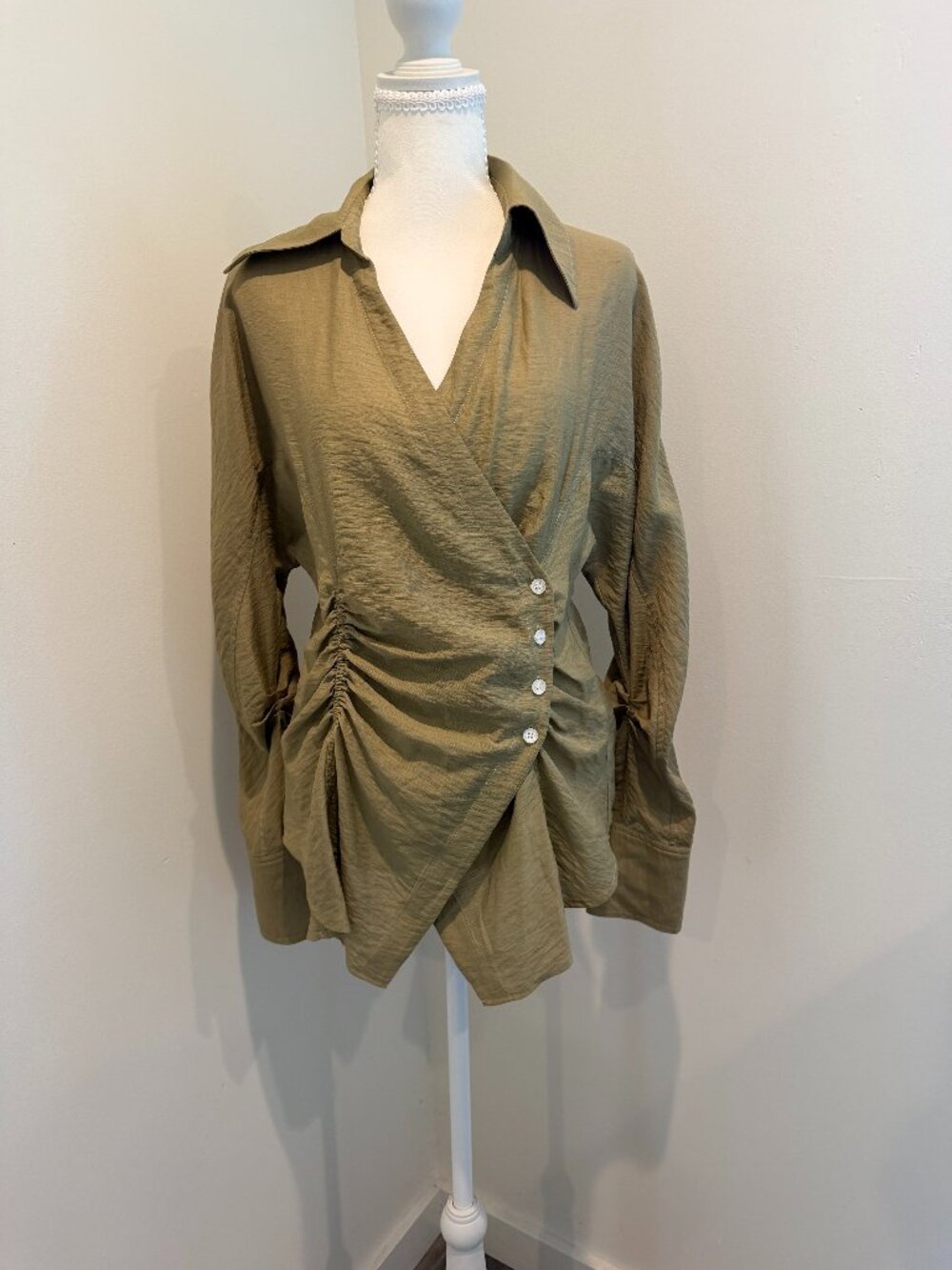 Jovonna London Olive Green Draped Wrap Top - Asymmetrical Ruched Blouse, Size S
